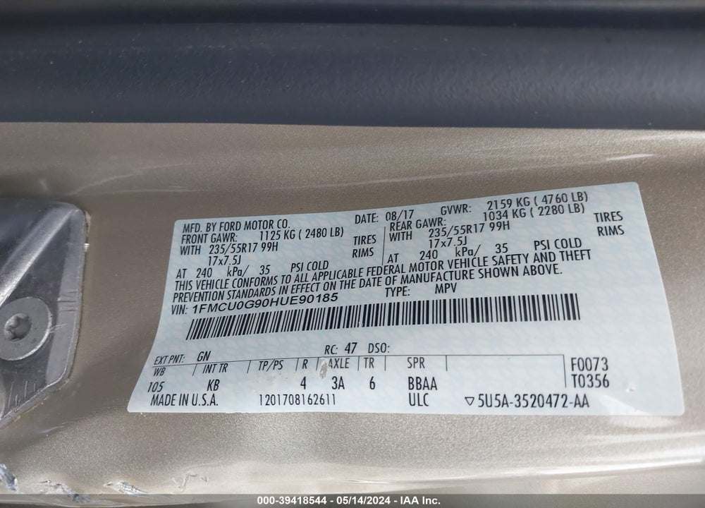 2017 FORD ESCAPE SE VIN: 1FMCU0G90HUE90185
