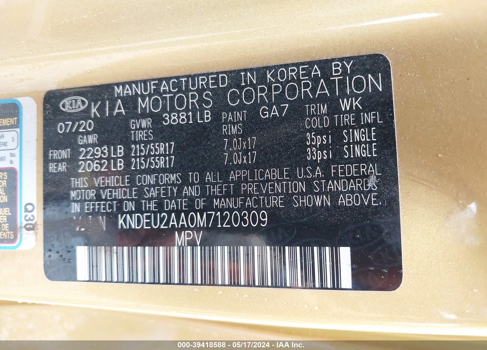 2021 KIA SELTOS S VIN: KNDEU2AA0M7120309
