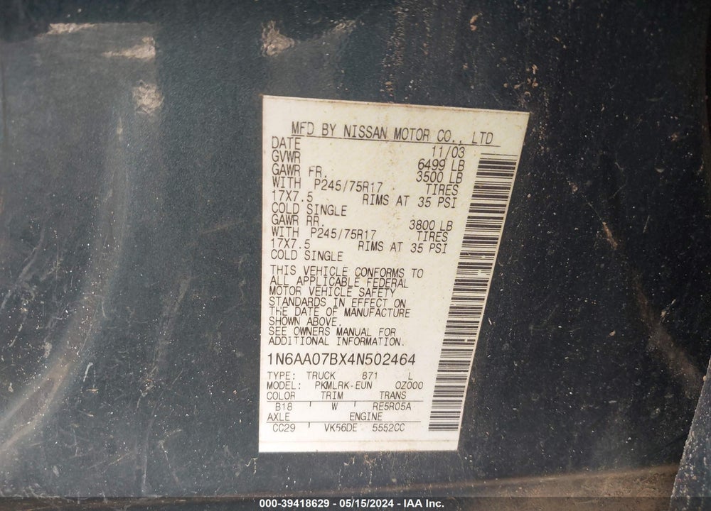 2004 NISSAN TITAN XE VIN: 1N6AA07BX4N502464