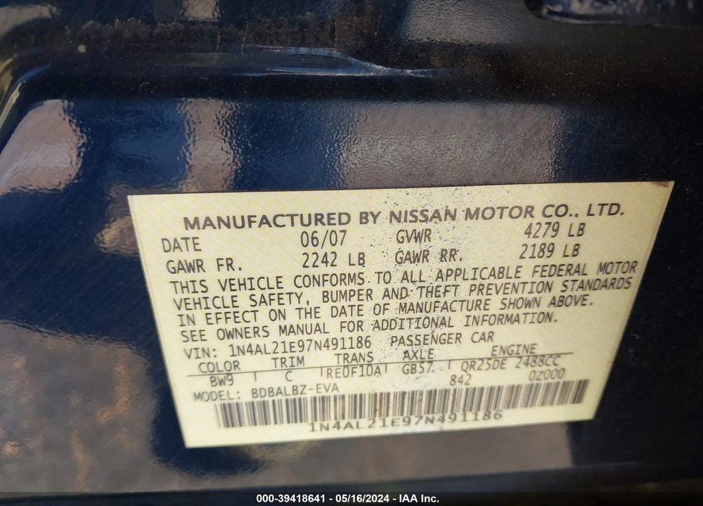 2007 NISSAN ALTIMA 2.5 S VIN: 1N4AL21E97N491186