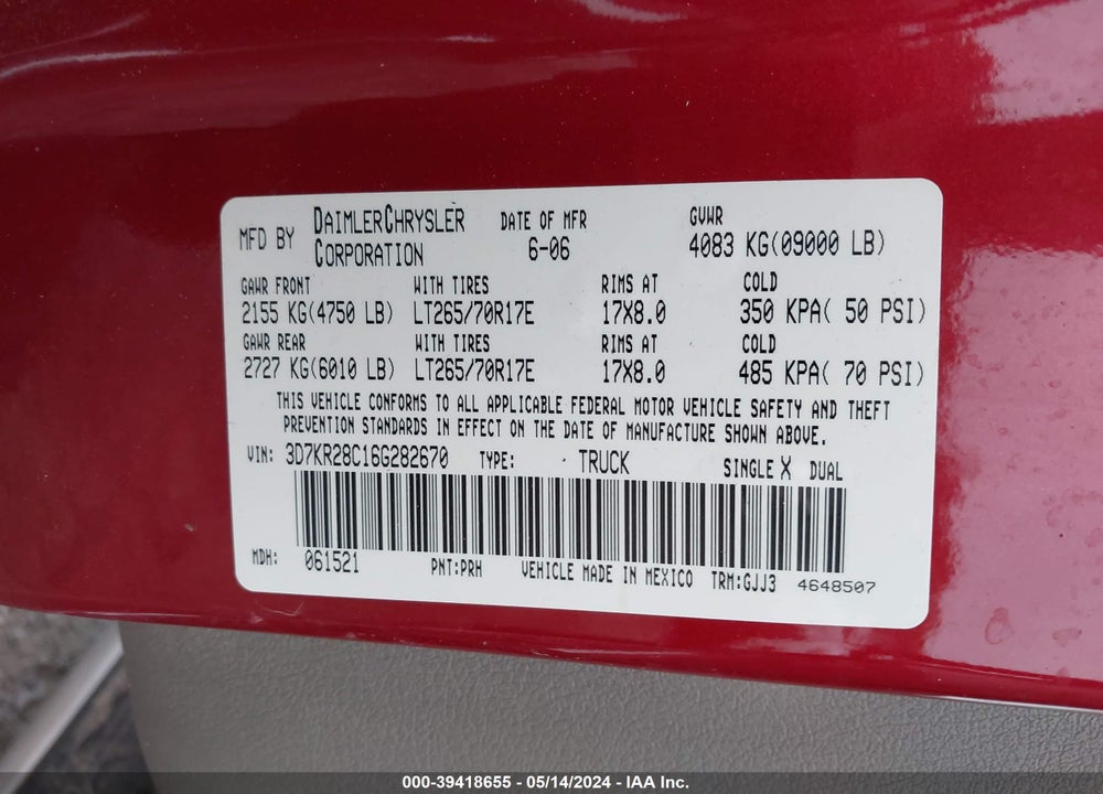 2006 DODGE RAM 2500 LARAMIE VIN: 3D7KR28C16G282670