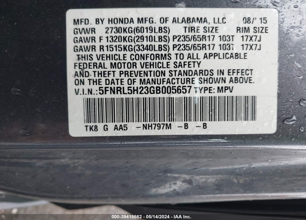 2016 HONDA ODYSSEY LX VIN: 5FNRL5H23GB005657