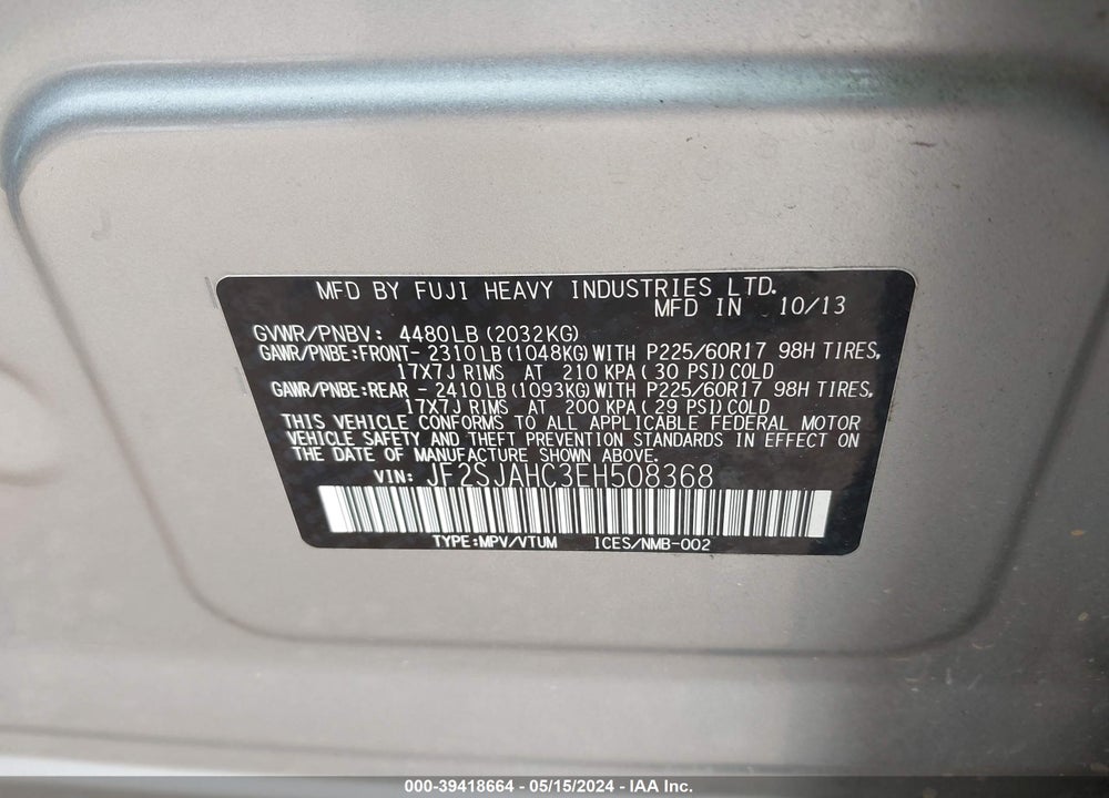 2014 SUBARU FORESTER 2.5I LIMITED VIN: JF2SJAHC3EH508368