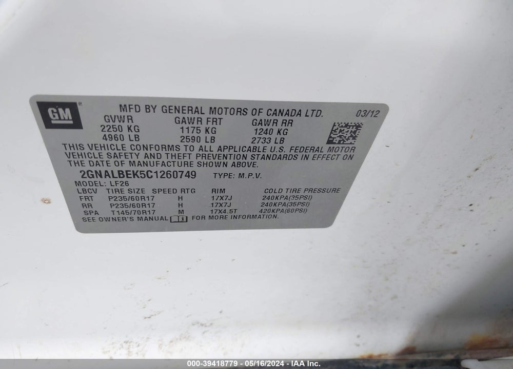 2012 CHEVROLET EQUINOX LS VIN: 2GNALBEK5C1260749