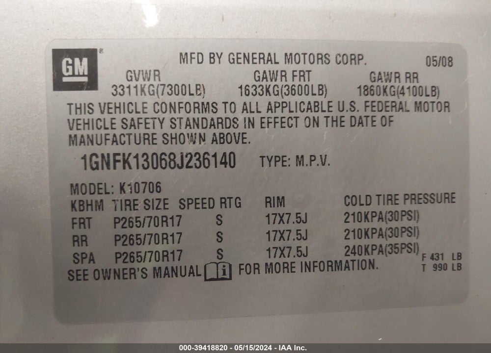 2008 CHEVROLET TAHOE LS VIN: 1GNFK13068J236140