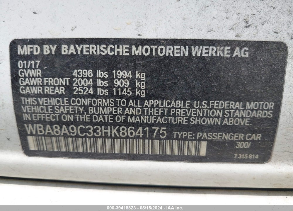 2017 BMW 320I VIN: WBA8A9C33HK864175