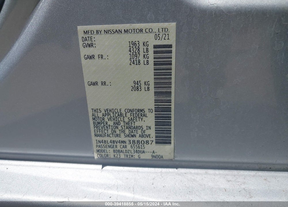 2021 NISSAN ALTIMA S FWD VIN: 1N4BL4BV4MN388087
