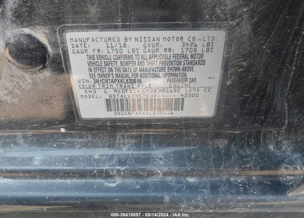 2019 NISSAN VERSA VIN: 3N1CN7APXKL835616