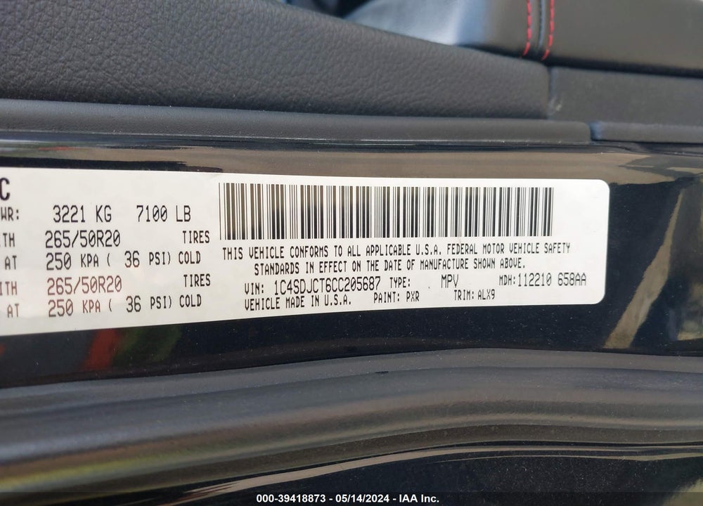 2012 DODGE DURANGO R/T VIN: 1C4SDJCT6CC205687