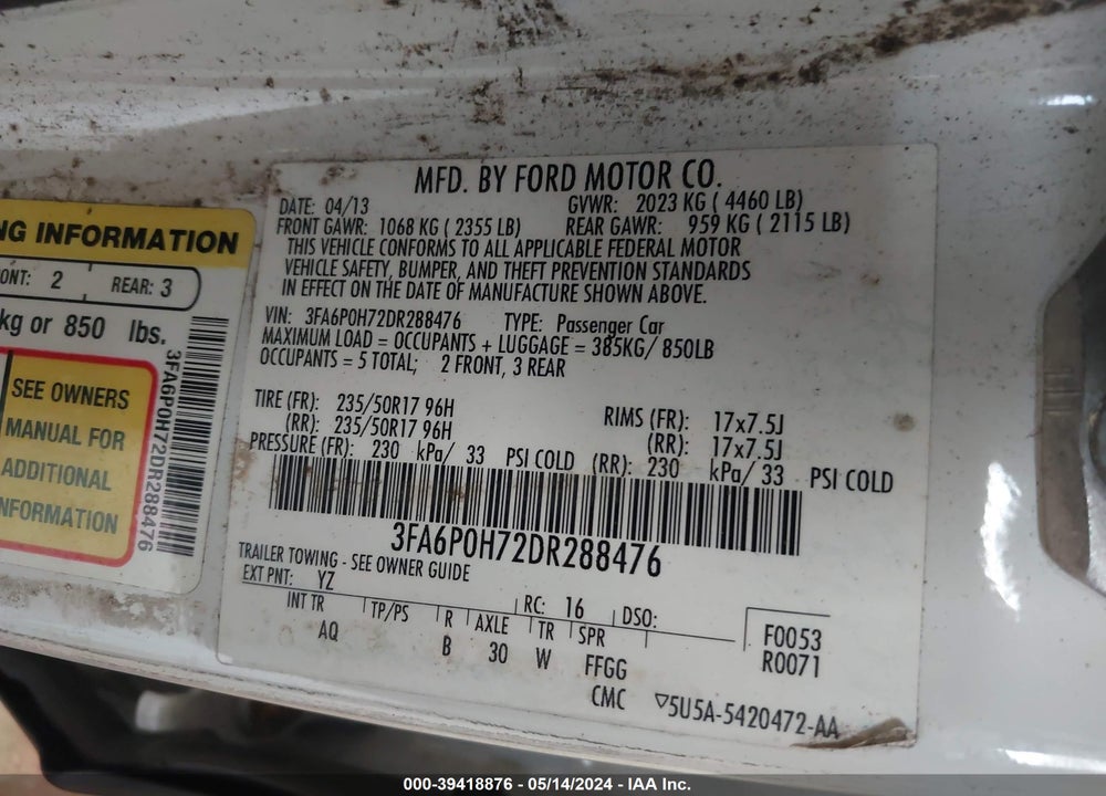 2013 FORD FUSION SE VIN: 3FA6P0H72DR288476