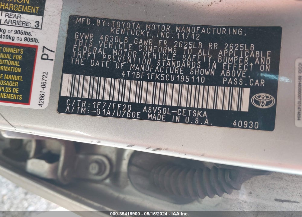 2012 TOYOTA CAMRY SE VIN: 4T1BF1FK5CU195110