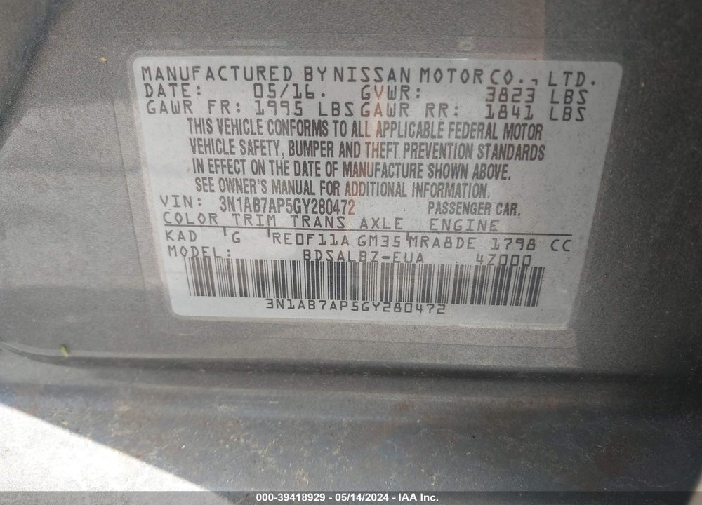 2016 NISSAN SENTRA VIN: 3N1AB7AP5GY280472