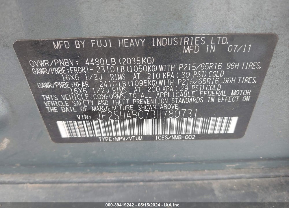 2011 SUBARU FORESTER 2.5X VIN: JF2SHABC7BH780731