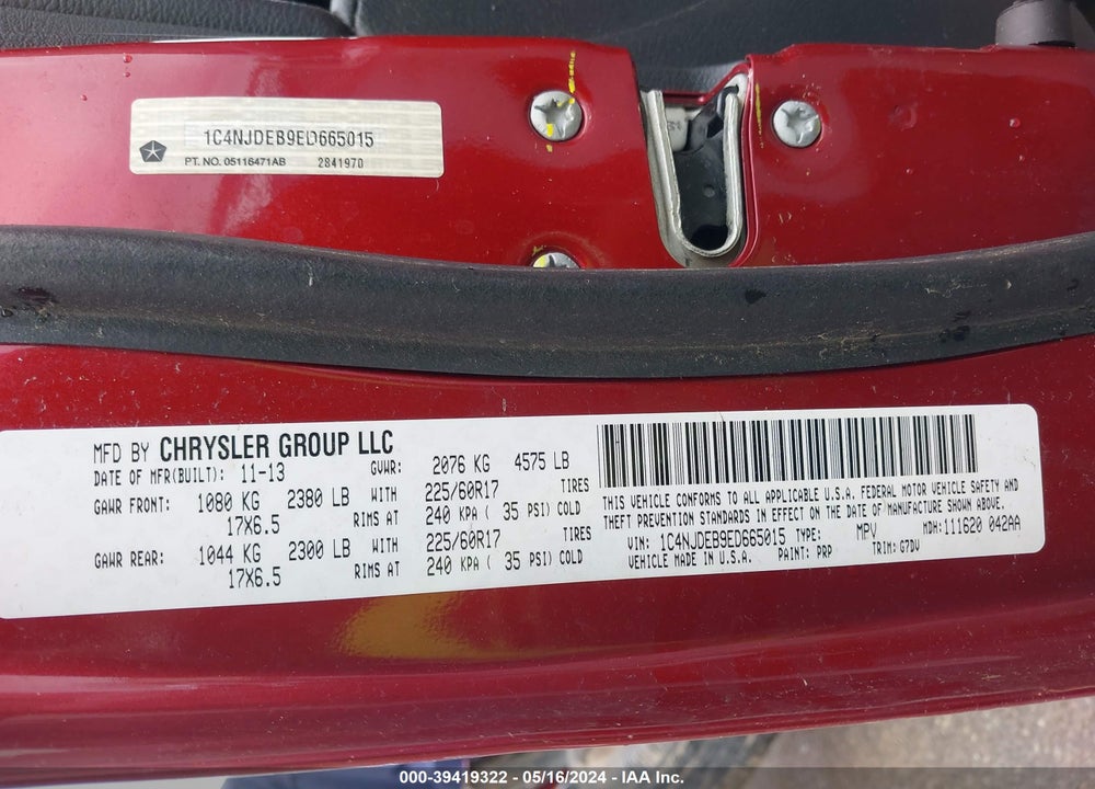 2014 JEEP COMPASS LATITUDE VIN: 1C4NJDEB9ED665015