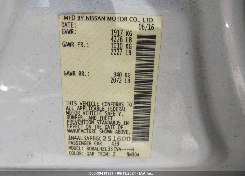 2016 NISSAN ALTIMA 2.5 SR VIN: 1N4AL3AP6GC251600