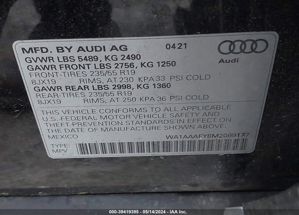2021 AUDI Q5 PREMIUM 45 TFSI QUATTRO S TRONIC VIN: WA1AAAFY8M2089177