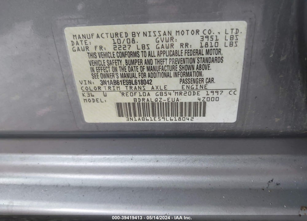 2009 NISSAN SENTRA 2.0 VIN: 3N1AB61E59L618042