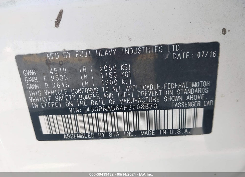 2017 SUBARU LEGACY 2.5I VIN: 4S3BNAB64H3008873