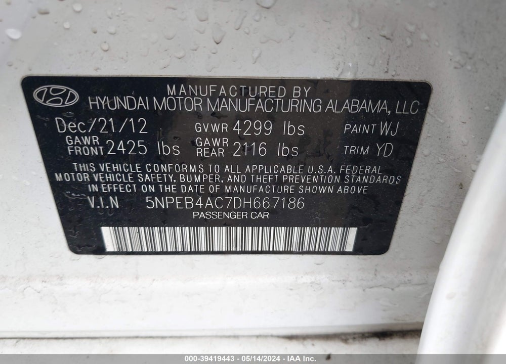 2013 HYUNDAI SONATA GLS VIN: 5NPEB4AC7DH667186
