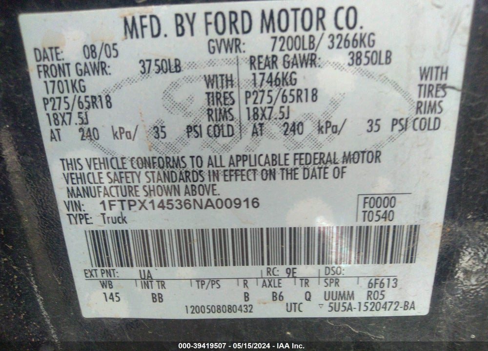 2006 FORD F-150 FX4/LARIAT/XL/XLT VIN: 1FTPX14536NA00916