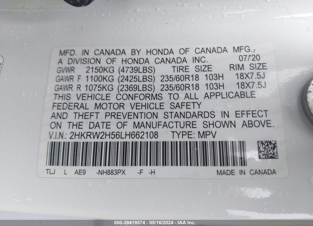 2020 HONDA CR-V AWD EX VIN: 2HKRW2H56LH662108