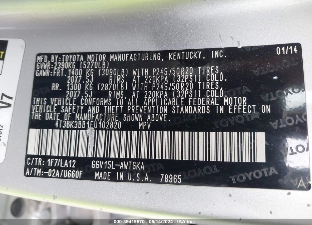 2014 TOYOTA VENZA LIMITED V6 VIN: 4T3BK3BB1EU102820