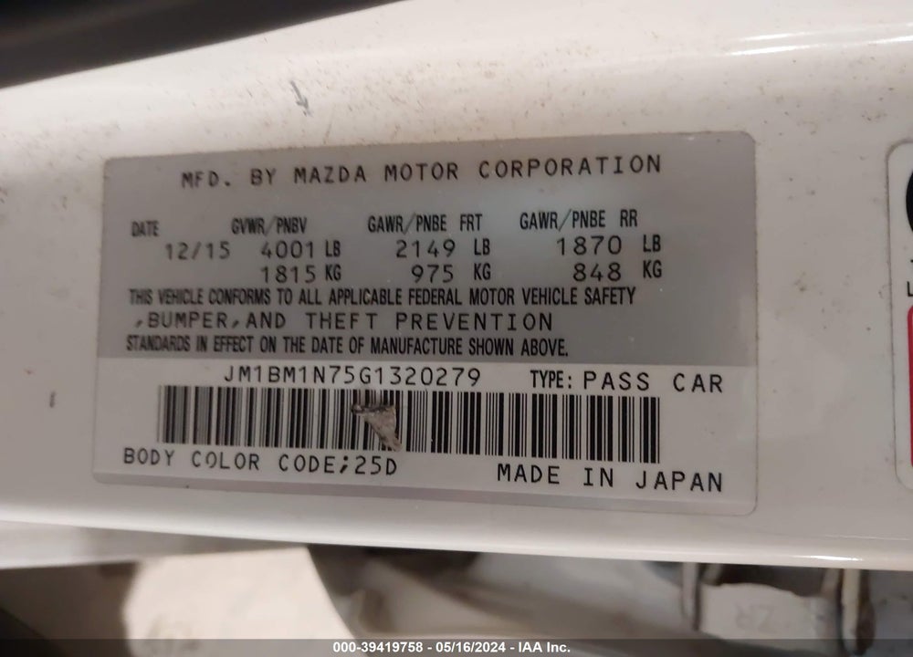 2016 MAZDA 3 I GRAND TOURING VIN: JM1BM1N75G1320279