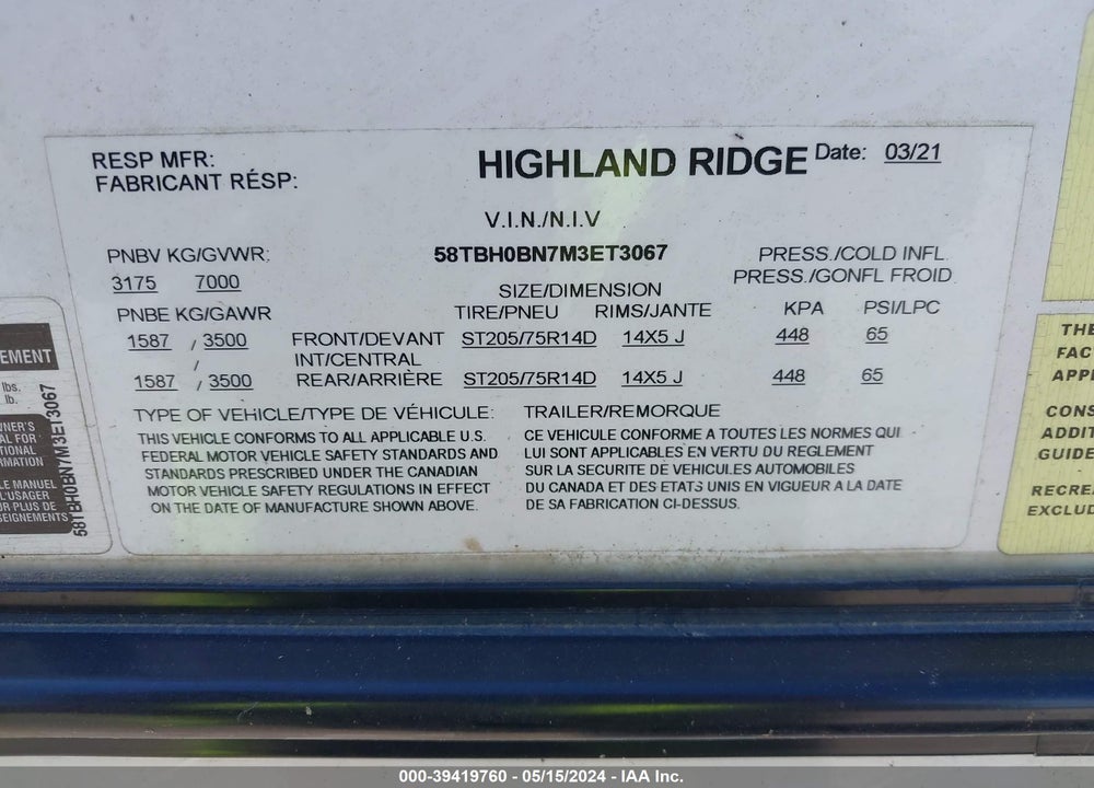 2021 OPEN RANGE OTHER VIN: 58TBH0BN7M3ET3067
