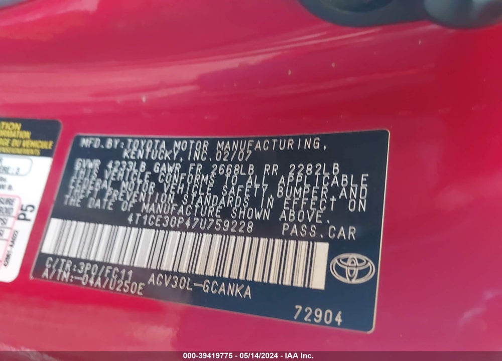 2007 TOYOTA CAMRY SOLARA SPORT VIN: 4T1CE30P47U759228