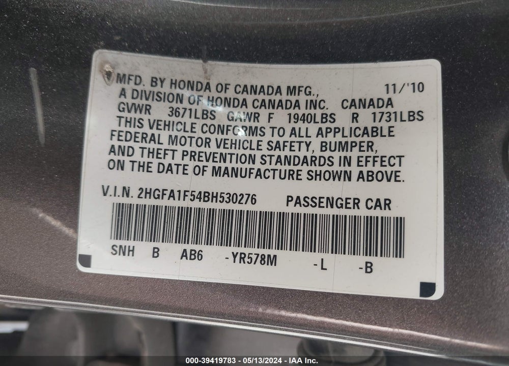 2011 HONDA CIVIC LX VIN: 2HGFA1F54BH530276