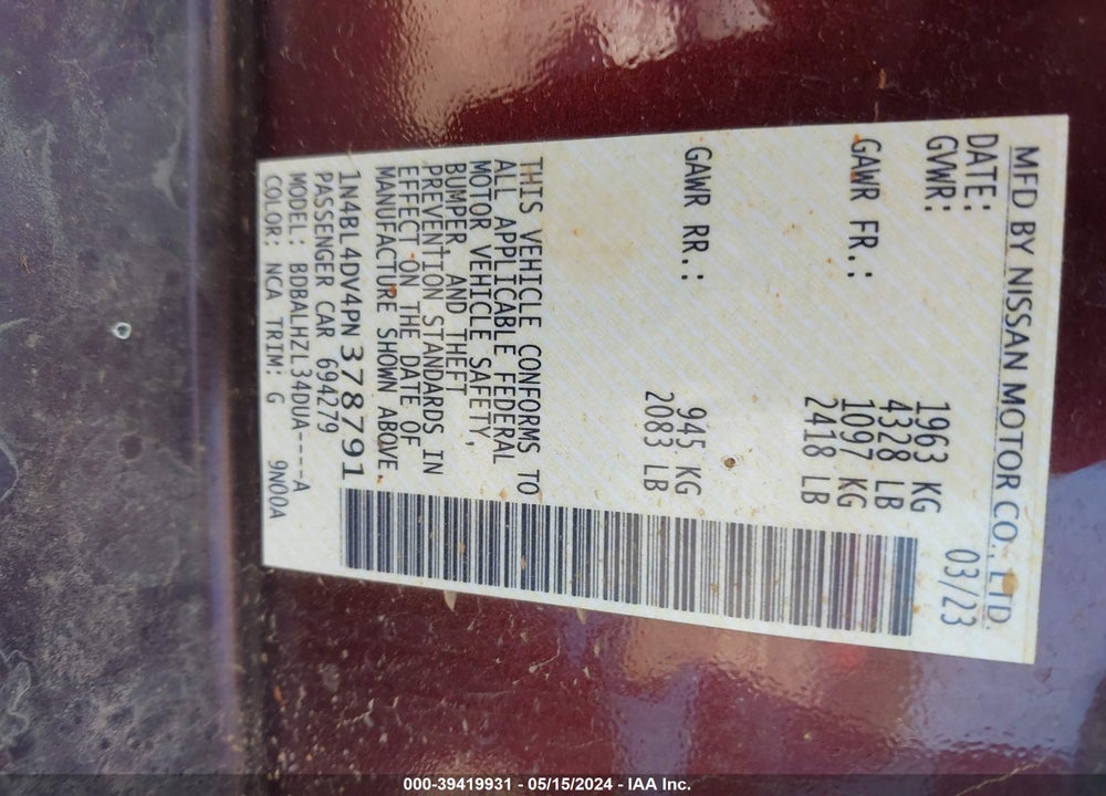 2023 NISSAN ALTIMA SV FWD VIN: 1N4BL4DV4PN378791