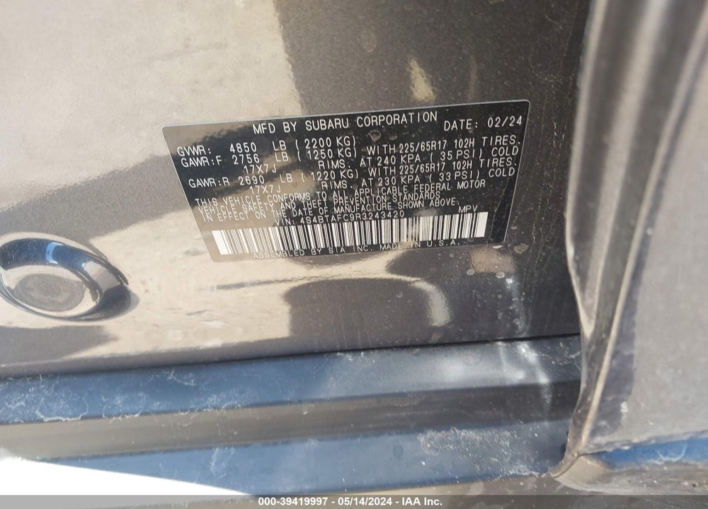 2024 SUBARU OUTBACK PREMIUM VIN: 4S4BTAFC9R3243420