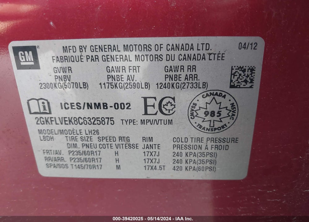 2012 GMC TERRAIN SLT-1 VIN: 2GKFLVEK8C6325875