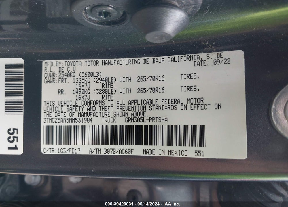 2022 TOYOTA TACOMA TRD OFF ROAD VIN: 3TMCZ5AN5NM531984