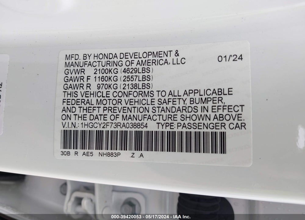 2024 HONDA ACCORD HYBRID SPORT-L VIN: 1HGCY2F73RA038854
