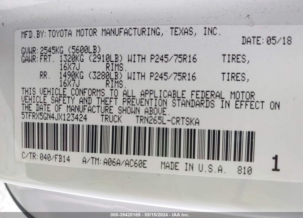 2018 TOYOTA TACOMA SR VIN: 5TFRX5GN4JX123424