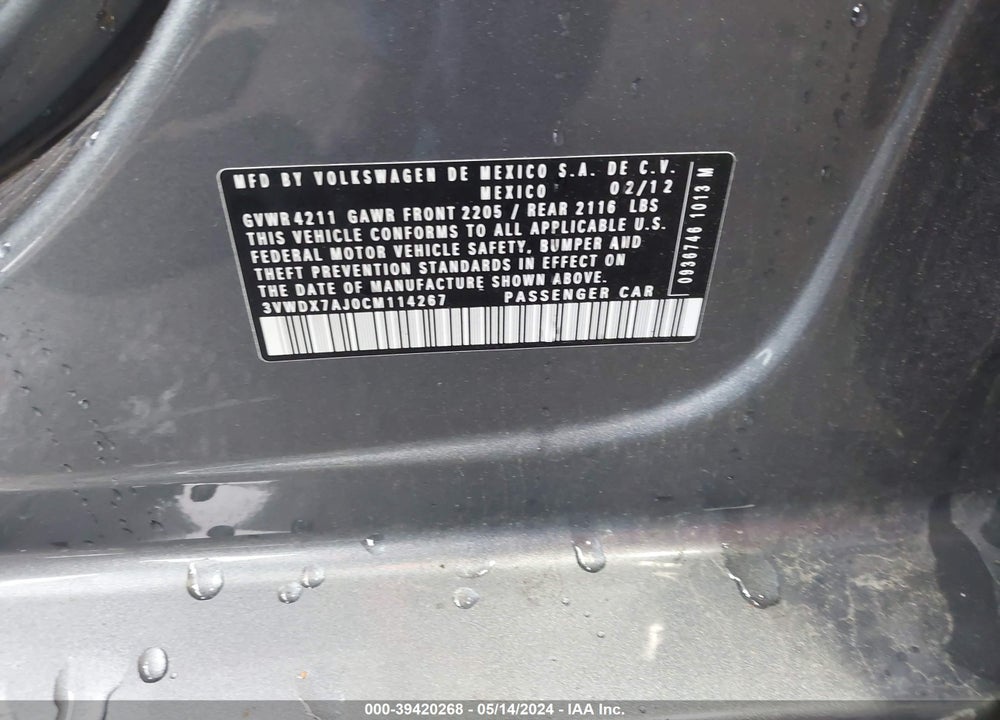2012 VOLKSWAGEN JETTA 2.5L SE VIN: 3VWDX7AJ0CM114267