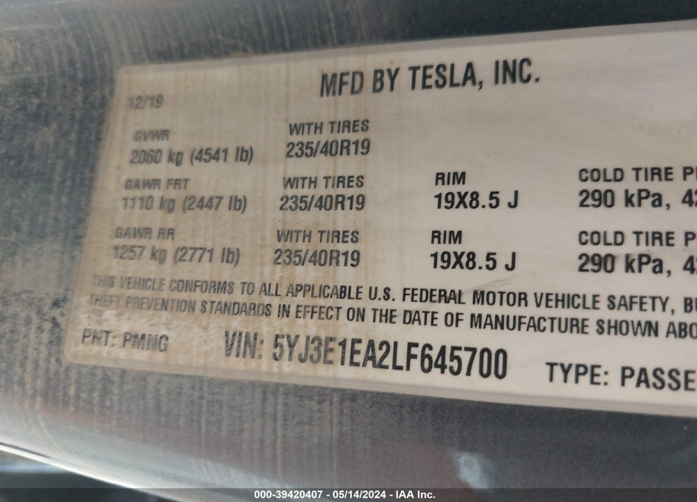 2020 TESLA MODEL 3 VIN: 5YJ3E1EA2LF645700