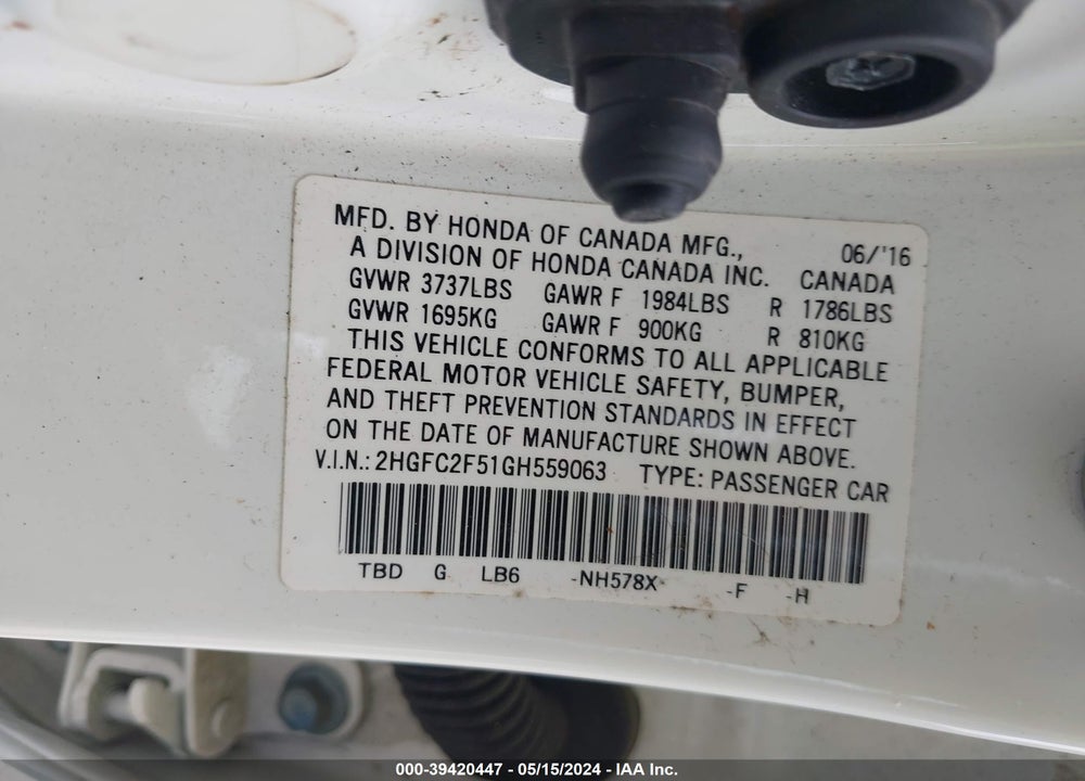 2016 HONDA CIVIC VIN: 2HGFC2F51GH559063