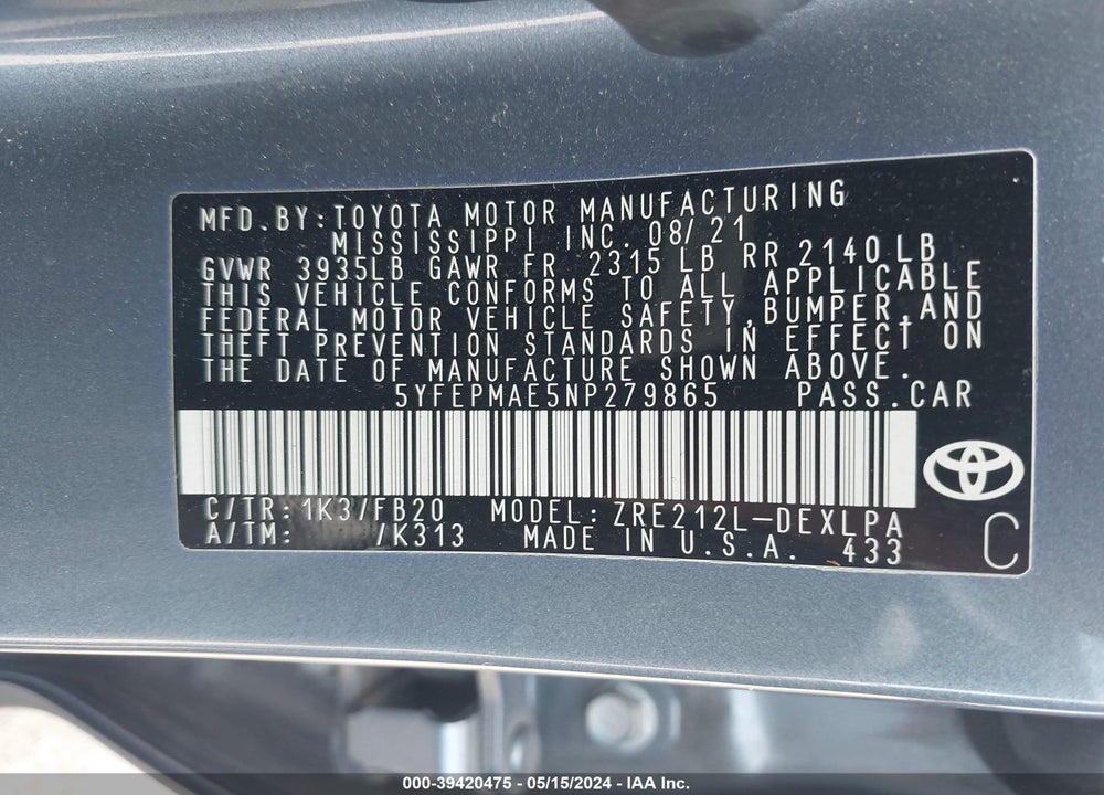 2022 TOYOTA COROLLA LE VIN: 5YFEPMAE5NP279865