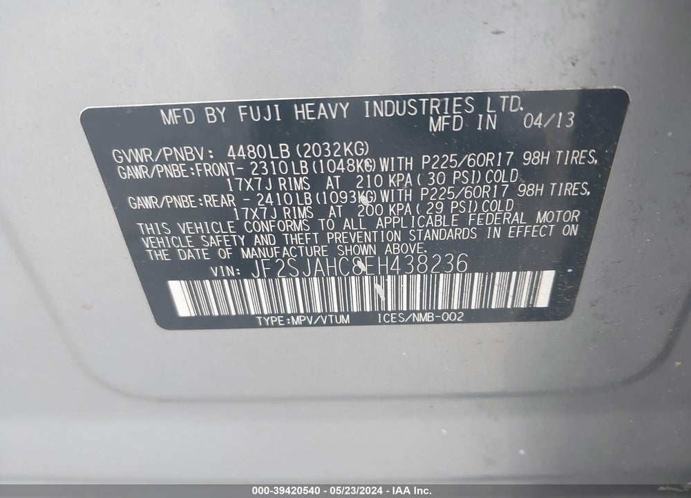 2014 SUBARU FORESTER 2.5I LIMITED VIN: JF2SJAHC8EH438236