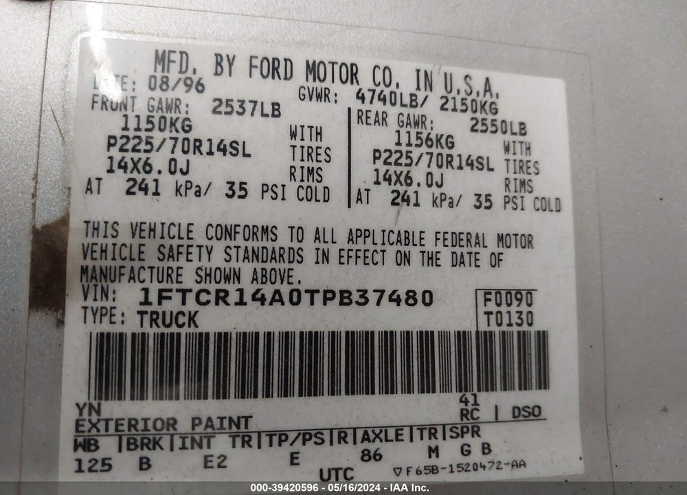 1996 FORD RANGER SUPER CAB VIN: 1FTCR14A0TPB37480