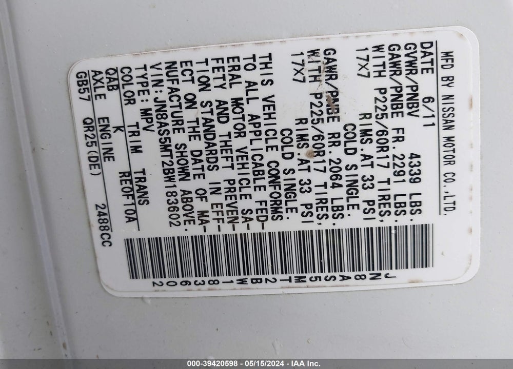 2011 NISSAN ROGUE SV VIN: JN8AS5MT2BW183602