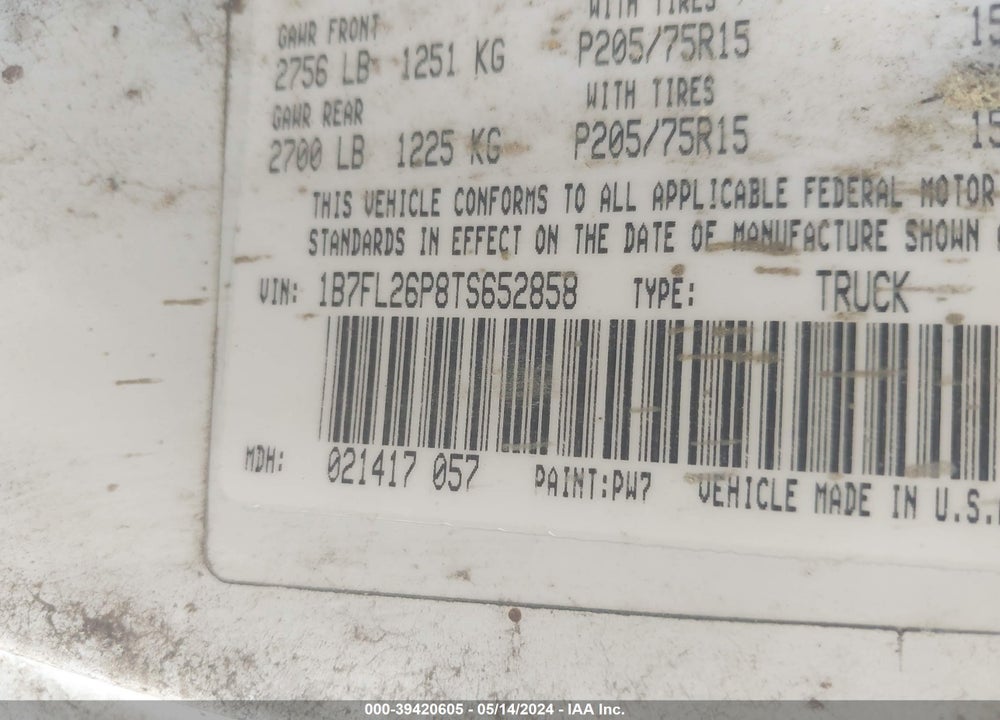 1996 DODGE DAKOTA VIN: 1B7FL26P8TS652858