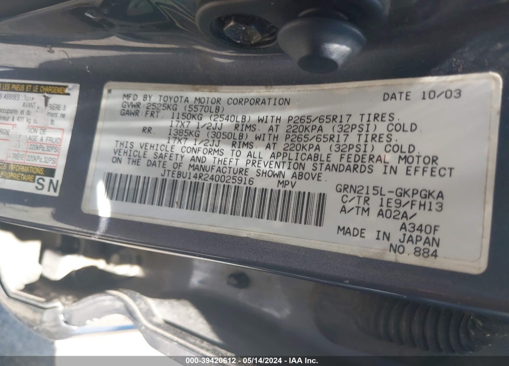 2004 TOYOTA 4RUNNER SR5 SPORT V6 VIN: JTEBU14R240025916