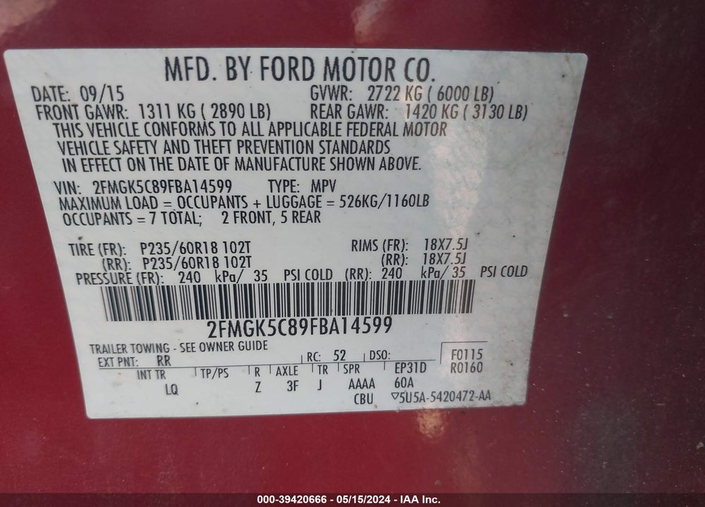 2015 FORD FLEX SEL VIN: 2FMGK5C89FBA14599