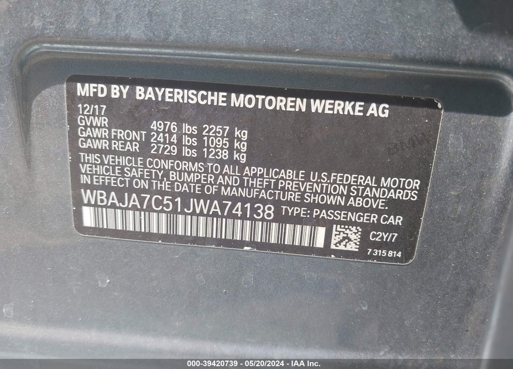 2018 BMW 530I XDRIVE VIN: WBAJA7C51JWA74138