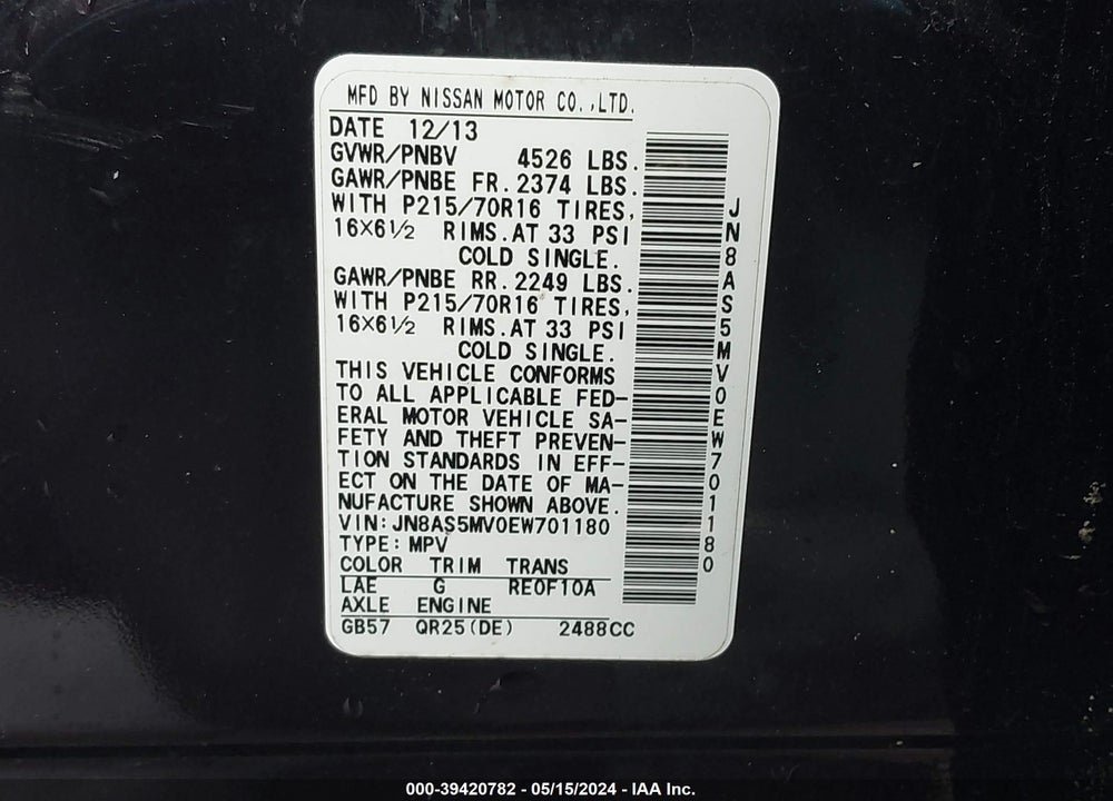 2014 NISSAN ROGUE SELECT S VIN: JN8AS5MV0EW701180