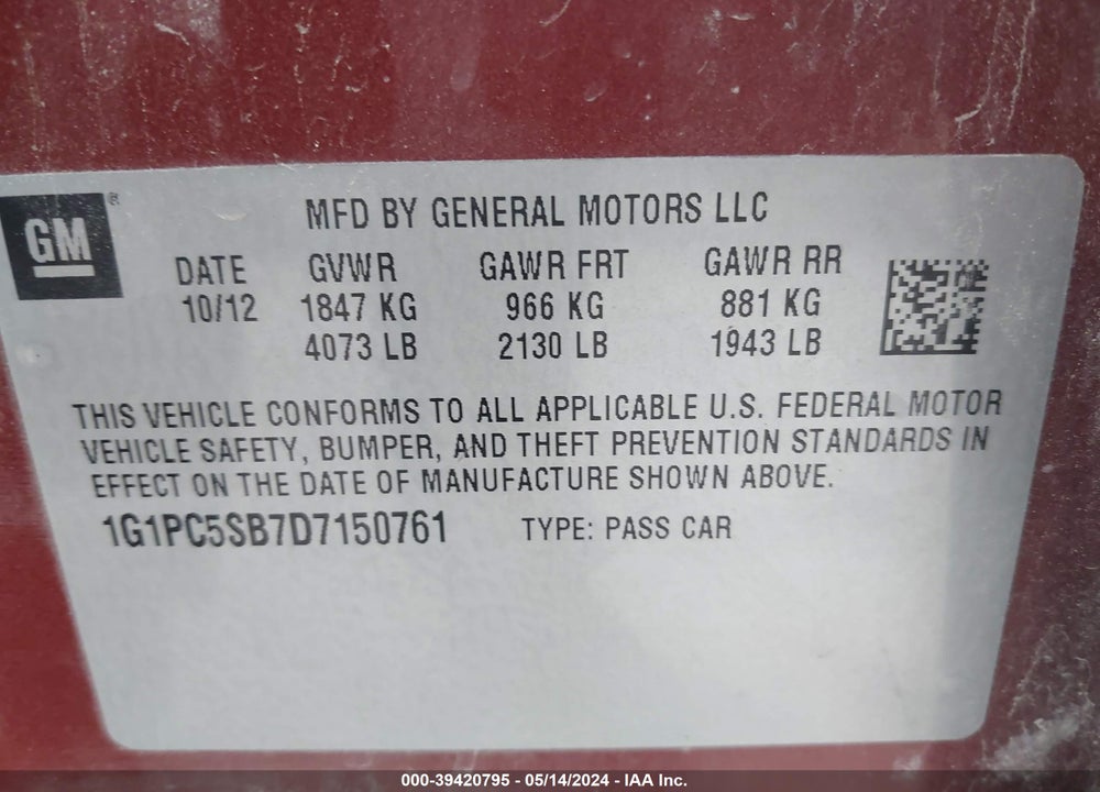 2013 CHEVROLET CRUZE 1LT AUTO VIN: 1G1PC5SB7D7150761
