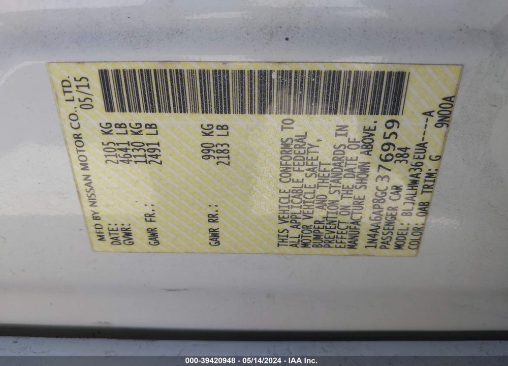 2016 NISSAN MAXIMA 3.5 PLATINUM VIN: 1N4AA6AP8GC376959